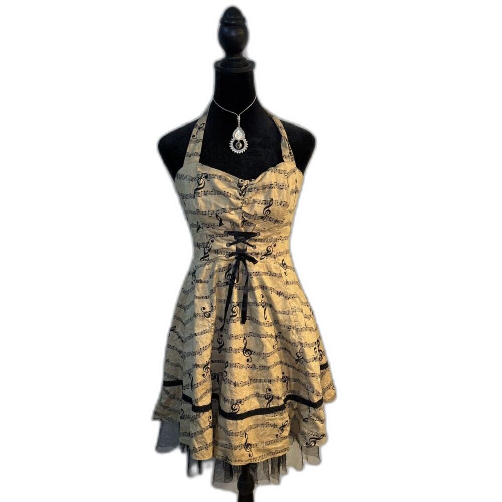 Hot Topic Ivory + Black Sheet Music Print Halter Dress